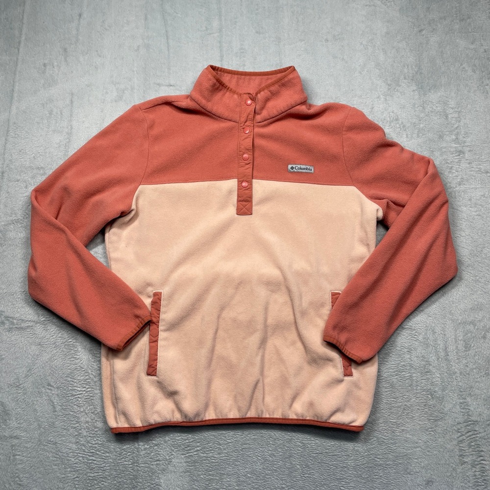 Columbia Fleece Pullover Womens XL Pink Coral Colorblock Snap Benton Springs